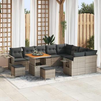 ARDEBO.de - 12-teilige Garten Sofa Set mit Kissen Grau Poly Rattan Akazie, 3-teiliges Garten Esszimmer Set mit Kissen Grau Poly Rattan Akazie