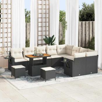 ARDEBO.de - 12-teiliges Garten-Sofa-Set mit Kissen Schwarz Poly-Rattan Akazie, 3-teiliges Garten-Ess-Set mit Kissen Schwarz Poly-Rattan Akazie