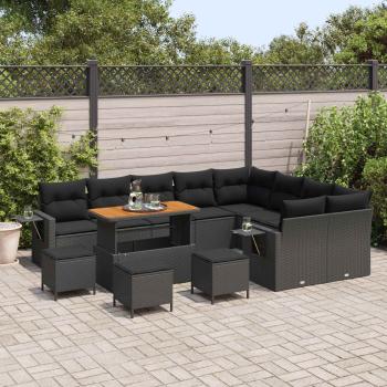 ARDEBO.de - 13-teiliges Garten Sofa Set mit Kissen Schwarz Poly Rattan Akazie, 4-teiliges Garten Esstisch Set mit Kissen Schwarz Poly Rattan Akazie