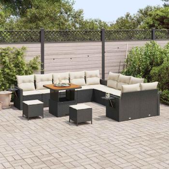 13-teiliges Garten-Sofa-Set mit Kissen Schwarz Poly-Rattan Akazie, 3-teiliges Garten-Dining-Set mit Kissen Schwarz Poly-Rattan Akazie