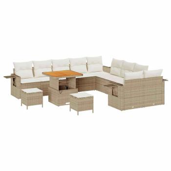 13-teiliges Garten-Sofa-Set mit Kissen Beige Poly-Rattan Akazie, 3-teiliges Garten-Ess-Set mit Kissen Beige Poly-Rattan Akazie