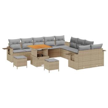 13-teiliges Garten Sofa Set mit Kissen Beige Poly Rattan Akazie, 3-teiliges Garten Esstisch Set mit Kissen Beige Poly Rattan Akazie