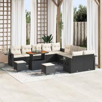 ARDEBO.de - 13-teiliges Garten Sofa Set mit Kissen Schwarz Poly Rattan Akazie, 3-teiliges Garten Esszimmer Set mit Kissen Schwarz Poly Rattan Akazie