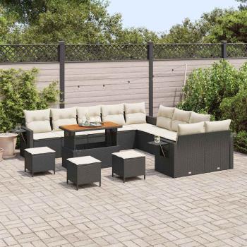 14-teiliges Garten Sofa Set mit Kissen Schwarz Poly Rattan Akazie, 4-teiliges Garten Essset mit Kissen Schwarz Poly Rattan Akazie