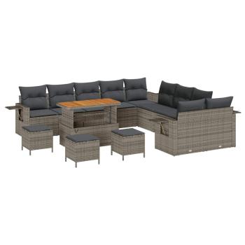 14-teiliges Garten Sofa Set mit Kissen Grau Poly Rattan Akazie, 4-teiliges Garten Esstisch Set mit Kissen Grau Poly Rattan Akazie