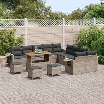 14-teiliges Garten Sofa Set mit Kissen Grau Poly Rattan Akazie, 4-teiliges Garten Esstisch Set mit Kissen Grau Poly Rattan Akazie