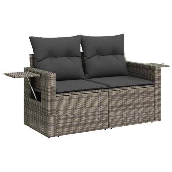 14-teiliges Garten Sofa Set mit Kissen Grau Poly Rattan Akazie, 4-teiliges Garten Esstisch Set mit Kissen Grau Poly Rattan Akazie
