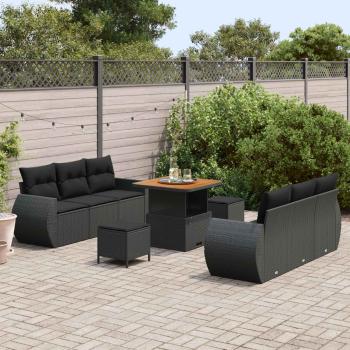 9-teiliges Garten Sofa Set mit Kissen Schwarzes Poly Rattan Akazie, 3-teiliges Garten Esszimmer Set mit Kissen Schwarzes Poly Rattan Akazie