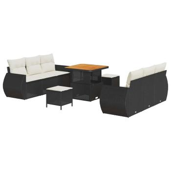 9-teiliges Garten Sofa Set mit Kissen Schwarz Poly Rattan Akazie, 3-teiliges Garten Essset mit Kissen Schwarz Poly Rattan Akazie