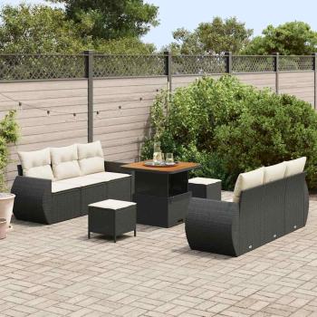 9-teiliges Garten Sofa Set mit Kissen Schwarz Poly Rattan Akazie, 3-teiliges Garten Essset mit Kissen Schwarz Poly Rattan Akazie
