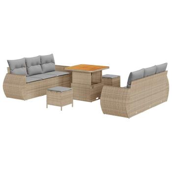 9-teiliges Garten-Sofa-Set mit Kissen Beige Poly-Rattan Akazie, 3-teiliges Garten-Essgruppe mit Kissen Beige Poly-Rattan Akazie