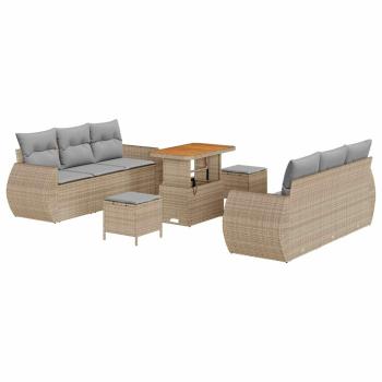 9-teiliges Garten Sofa Set mit Kissen in Beige aus Poly Rattan und Akazie, 3-teiliges Garten Essset mit Kissen in Beige aus Poly Rattan und Akazie