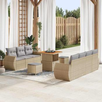 ARDEBO.de - 10-teiliges Garten Sofa Set mit Kissen Beige Poly Rattan Akazie, 3-teiliges Garten Esstisch Set mit Kissen Beige Poly Rattan Akazie