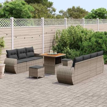 10-teiliges Garten-Sofa-Set mit Kissen Grau Poly-Rattan Akazie, 3-teiliges Garten-Esszimmer-Set mit Kissen Grau Poly-Rattan Akazie