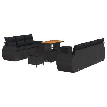 ARDEBO.de - 10-teiliges Garten Sofa Set mit Kissen Schwarz Poly Rattan Akazie, 3-teiliges Garten Essset mit Kissen Schwarz Poly Rattan Akazie