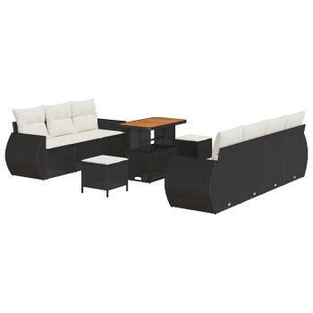 10-teiliges Garten-Sofa-Set mit Kissen Schwarz Poly-Rattan Akazie, 3-teiliges Garten-Ess-Set mit Kissen Schwarz Poly-Rattan Akazie