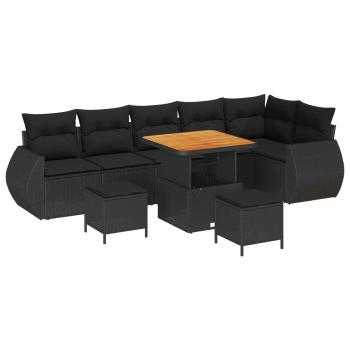 9-teiliges Garten Sofa Set mit Kissen Schwarz Poly Rattan Akazie, 3-teiliges Garten Ess-Set mit Kissen Schwarz Poly Rattan Akazie