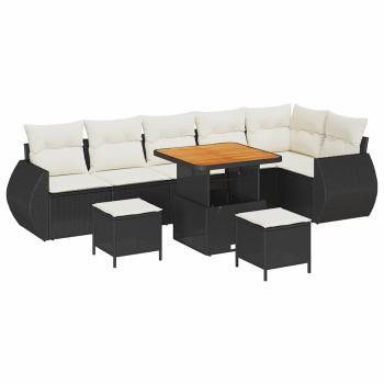 9-teiliges Garten-Sofa-Set mit Kissen Schwarz Poly Rattan Akazienholz, 3-teiliges Garten-Essgruppe mit Kissen Schwarz Poly Rattan Akazienholz