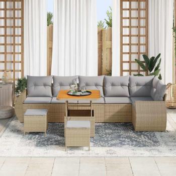 9-teiliges Garten-Sofa-Set mit Kissen in beigem Poly-Rattan Akazien, 3-teiliges Garten-Ess-Set mit Kissen in beigem Poly-Rattan Akazien