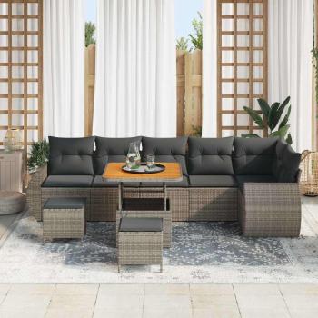 ARDEBO.de - 9-teiliges Garten Sofa Set mit Kissen, Grau Poly Rattan Akazie, 3-teiliges Garten EssSet mit Kissen, Grau Poly Rattan Akazie