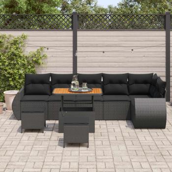 9-teiliges Garten Sofa Set mit Kissen Schwarz Poly Rattan Akazie, 3-teiliges Garten Essgruppe mit Kissen Schwarz Poly Rattan Akazie