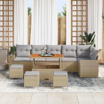 ARDEBO.de - 10-teiliges Garten-Sofa-Set mit Kissen Beige Poly-Rattan Akazie, 4-teiliges Garten-Ess-Set mit Kissen Beige Poly-Rattan Akazie
