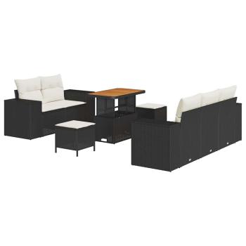 8-teiliges Garten-Sofa-Set mit Kissen Schwarz Poly-Rattan Akazie, 3-teiliges Garten-Dining-Set mit Kissen Schwarz Poly-Rattan Akazie