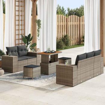 ARDEBO.de - 8-teiliges Garten Sofa Set mit Kissen Grau Poly Rattan Akazie, 3-teiliges Garten Esstisch Set mit Kissen Grau Poly Rattan Akazie