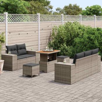 8-teiliges Garten Sofa Set mit Kissen Grau Poly Rattan Akazie, 3-teiliges Garten Esstisch Set mit Kissen Grau Poly Rattan Akazie