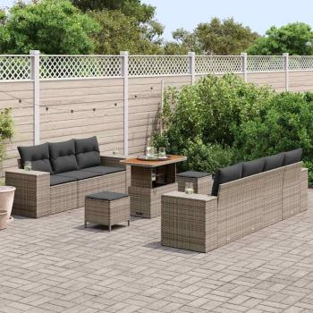 10-teiliges Garten Sofa Set mit Kissen Grau Poly Rattan Akazie, 3-teiliges Garten Ess-Set mit Kissen Grau Poly Rattan Akazie