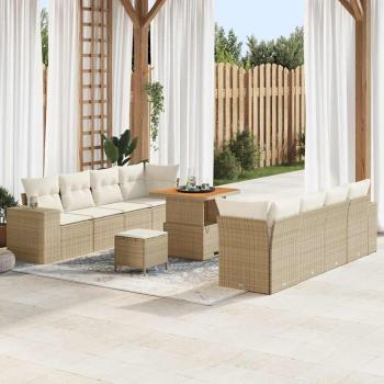 ARDEBO.de - 11-teiliges Garten Sofa Set mit Kissen Beige Poly Rattan Akazie, 3-teiliges Garten Essset mit Kissen Beige Poly Rattan Akazie