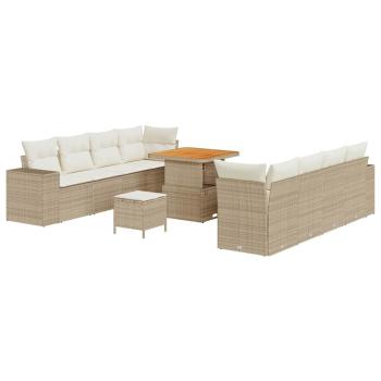 11-teiliges Garten Sofa Set mit Kissen Beige Poly Rattan Akazie, 3-teiliges Garten Essset mit Kissen Beige Poly Rattan Akazie