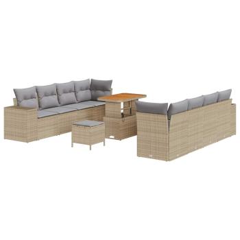 ARDEBO.de - 11-teiliges Garten Sofa Set mit Kissen Beige Poly Rattan Akazie, 3-teiliges Garten Esstisch Set mit Kissen Beige Poly Rattan Akazie