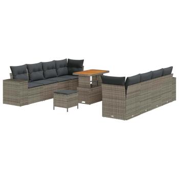 11-teiliges Garten Sofa Set mit Kissen graues Poly Rattan Akazie, 3-teiliges Garten Esszimmer Set mit Kissen graues Poly Rattan Akazie