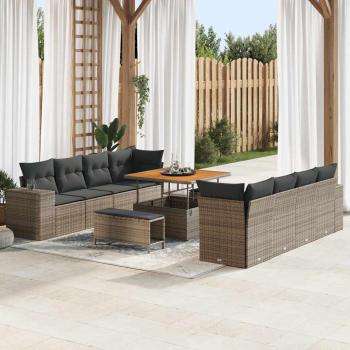 ARDEBO.de - 11-teiliges Garten Sofa Set mit Kissen Grau Poly Rattan Akazie, 3-teiliges Garten Esszimmer Set mit Kissen Grau Poly Rattan Akazie