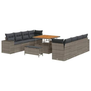 11-teiliges Garten Sofa Set mit Kissen Grau Poly Rattan Akazie, 3-teiliges Garten Esszimmer Set mit Kissen Grau Poly Rattan Akazie