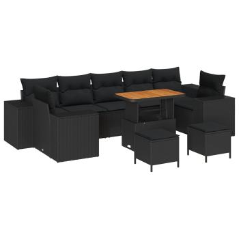 ARDEBO.de - 10-teiliges Garten-Sofaset mit Kissen Schwarzes Poly-Rattan Akazie, 3-teiliges Garten-Essset mit Kissen Schwarzes Poly-Rattan Akazie