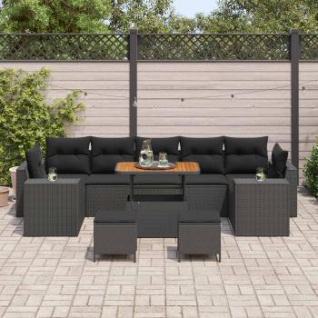 10-teiliges Garten-Sofaset mit Kissen Schwarzes Poly-Rattan Akazie, 3-teiliges Garten-Essset mit Kissen Schwarzes Poly-Rattan Akazie