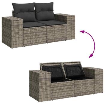 10-teiliges Garten Sofaset mit Kissen Grau Poly Rattan Akazie, 3-teiliges Garten Essensemble mit Kissen Grau Poly Rattan Akazie