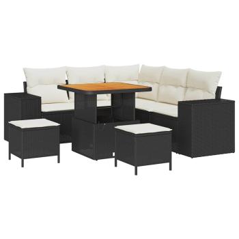 8-teiliges Garten Sofa Set mit Kissen Schwarz Poly Rattan Akazie, 3-teiliges Garten Esszimmer Set mit Kissen Schwarz Poly Rattan Akazie