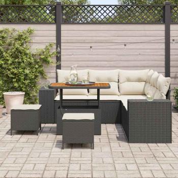 8-teiliges Garten-Sofa-Set mit Kissen Schwarz Poly Rattan Akazie, 3-teiliges Garten-Dining-Set mit Kissen Schwarz Poly Rattan Akazie