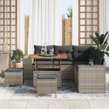8-teiliges Garten Sofa Set mit Kissen Grau Poly Rattan Akazie, 3-teiliges Garten Essset mit Kissen Grau Poly Rattan Akazie