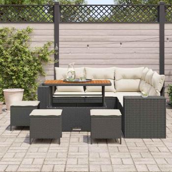 9-teiliges Garten Sofa Set mit Kissen Schwarz Poly Rattan Akazie, 4-teiliges Garten Essset mit Kissen Schwarz Poly Rattan Akazie