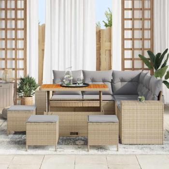 9-teiliges Garten-Sofaset mit Kissen Beige Poly-Rattan Akazie, 4-teiliges Garten-Essset mit Kissen Beige Poly-Rattan Akazie