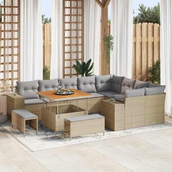 ARDEBO.de - 12-teiliges Garten Sofa Set mit Kissen Beige Poly Rattan Akazie, 3-teiliges Garten Essgruppe mit Kissen Beige Poly Rattan Akazie