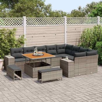 12-teiliges Garten Sofa Set mit Kissen Grau Poly Rattan Akazie, 3-teiliges Garten Essset mit Kissen Grau Poly Rattan Akazie