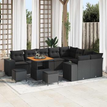 ARDEBO.de - 12-teiliges Garten Sofa Set mit Kissen Schwarz Poly Rattan Akazie, 3-teiliges Garten Essset mit Kissen Schwarz Poly Rattan Akazie