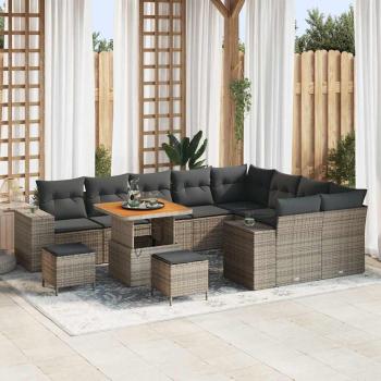 ARDEBO.de - 12-teiliges Garten-Sofa-Set mit Kissen Grau Poly Rattan Akazie, 3-teiliges Garten-Ess-Set mit Kissen Grau Poly Rattan Akazie