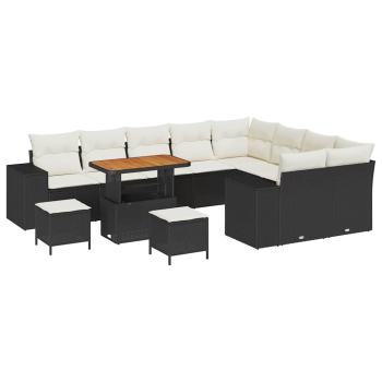 12-teiliges Garten Sofa Set mit Kissen Schwarz Poly Rattan Akazie, 3-tlg. Garten Essset mit Kissen Schwarz Poly Rattan Akazie