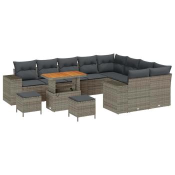 12-teiliges Garten-Sofa-Set mit Kissen Grau Poly-Rattan Akazie, 3-teiliges Garten-Ess-Set mit Kissen Grau Poly-Rattan Akazie
